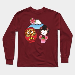 Daruma Geisha and Fuji Kawaii Cute Japanese Design Long Sleeve T-Shirt